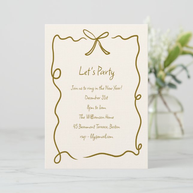 Convite Hand Drawn Gold Bow Ribbon Border New Years Party (Em pé/Frente)