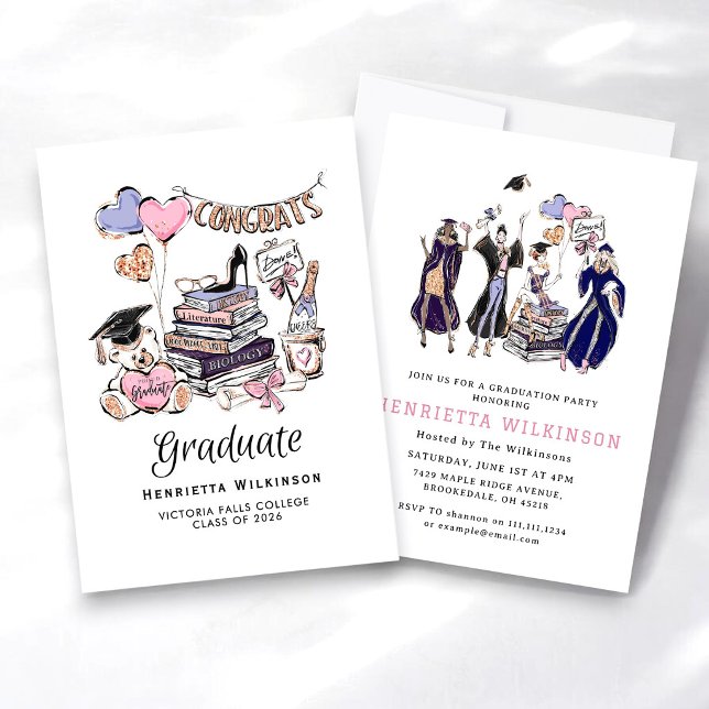 Convite Hand Drawn Graduate Books Graduate Celebration (Criador carregado)