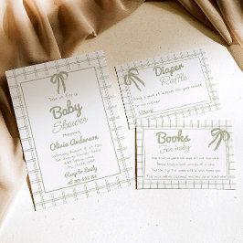 Convite Hand Drawn Green Bow Gingham Neutral Baby Shower