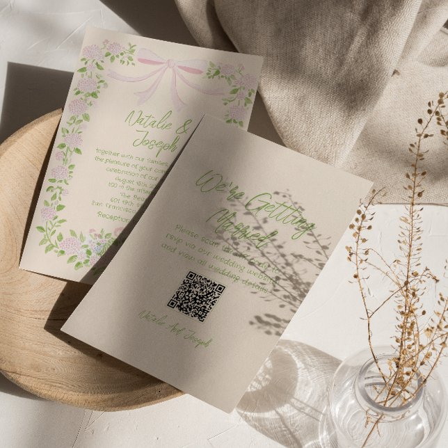 Convite Hand Drawn Green Pink Bow Floral QR Code Wedding (Criador carregado)