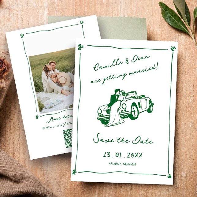 Convite  Hand Drawn Green Save the Date photo QR Code (Criador carregado)