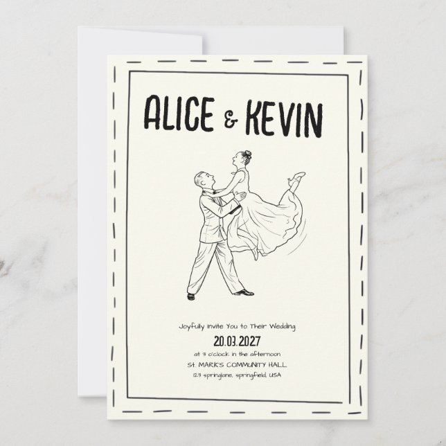 Convite Hand Drawn Illustration Ivory Minimalist Wedding  (Frente)
