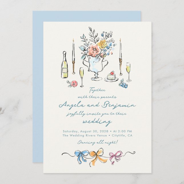 Convite Hand Drawn Illustrations Whimsical French Wedding (Frente/Verso)