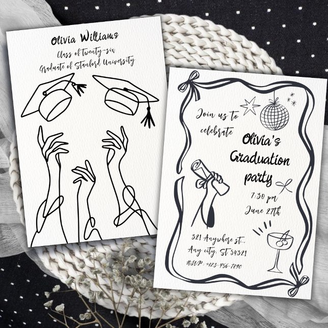 Convite Hand Drawn Minimalist Black White Graduation Party (Criador carregado)