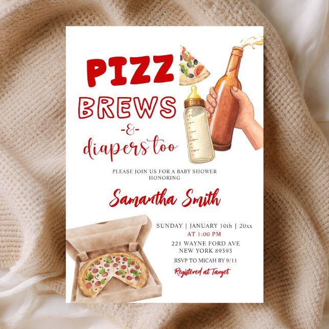 Convite Hand Drawn Minimalist Pizza Brews and Diapers (Criador carregado)