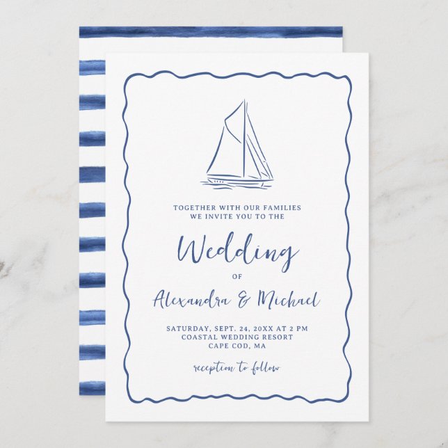 Convite Hand Drawn Nautical Sailboat Navy Blue Wedding (Frente/Verso)
