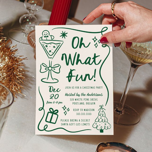 Convite Hand-Drawn Oh What Fun Green Christmas Party (Criador carregado)