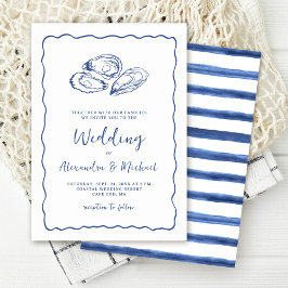 Convite Hand Drawn Oysters Coastal Navy Blue Wedding