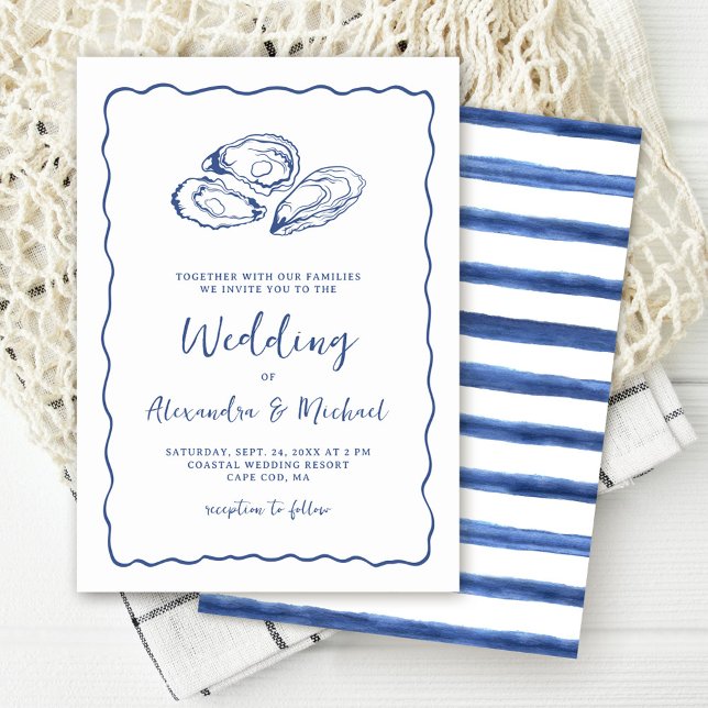 Convite Hand Drawn Oysters Coastal Navy Blue Wedding (Criador carregado)