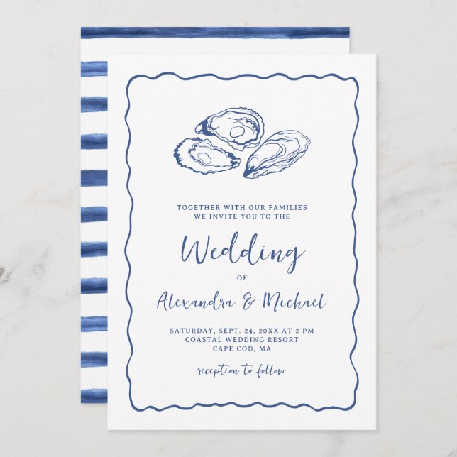 Convite Hand Drawn Oysters Coastal Navy Blue Wedding (Frente/Verso)