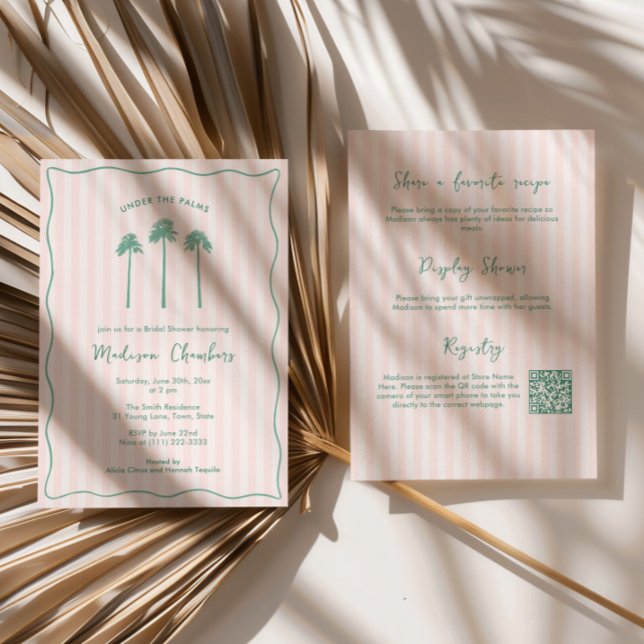 Convite Hand-Drawn Palm Springs Pink Green Bridal Shower (Preppy pink and green Palm Springs Bridal Shower invitation with hand drawn fan palms & wavy border)