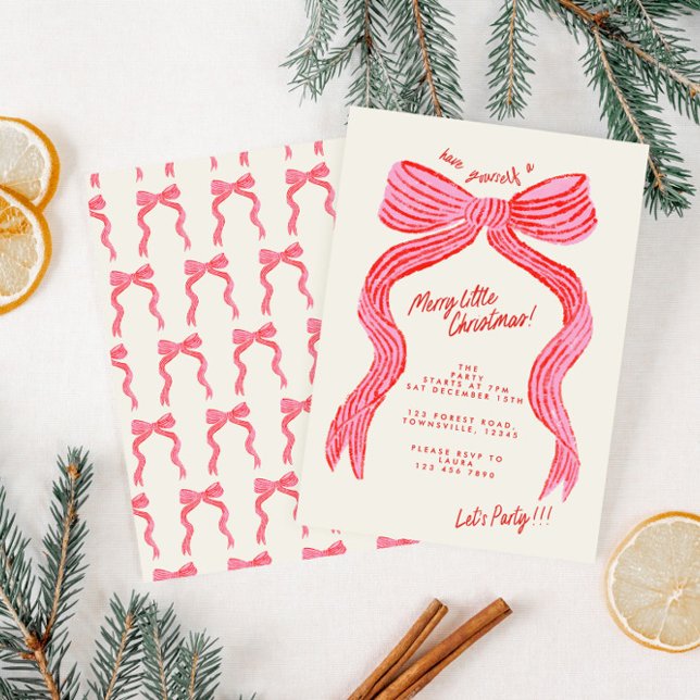 Convite Hand Drawn Pink and Red Bow Christmas Party (Criador carregado)
