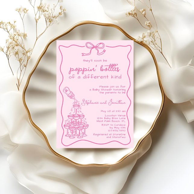 Convite Hand Drawn Pink Bottle Champagne Tower Baby Shower (Criador carregado)