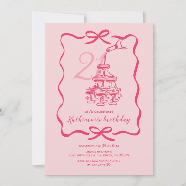 Convite Hand Drawn Pink Champagne 21st Birthday Party (Frente)