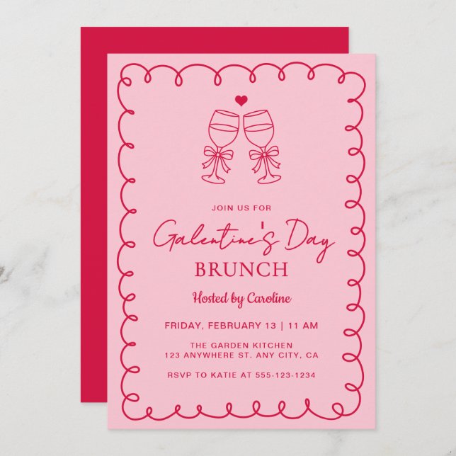 Convite Hand Drawn Pink Red Galentine's Day Brunch (Frente/Verso)
