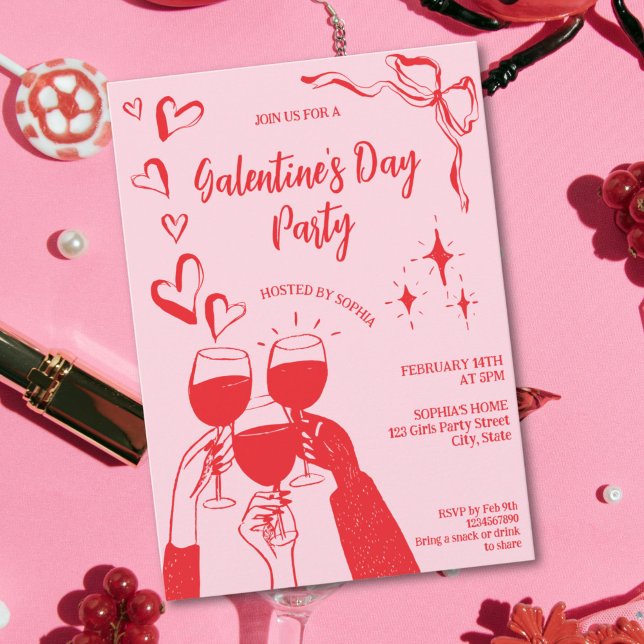 Convite Hand Drawn Pink Red Galentine's Day Cocktail Party (Cocktail party galentine's day )