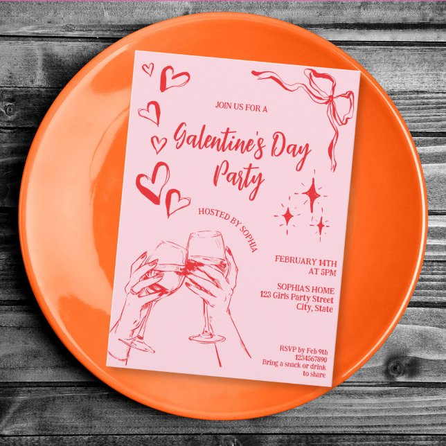 Convite Hand Drawn Pink Red Galentine's Day Cocktail Party (hand drawn whimsical red and pink Galentine's party)