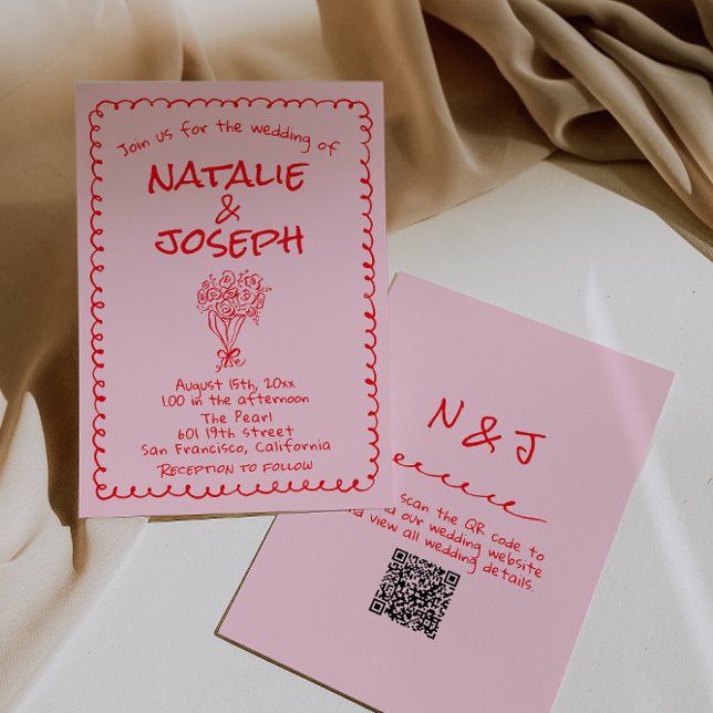 Convite Hand Drawn Pink Red Retro QR Code Wedding (Criador carregado)