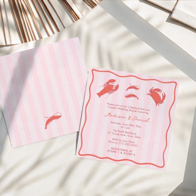 Convite Hand-Drawn Pink Red Seafood Boil Couples Shower (Modern Pink Red Orange Hand-drawn seafood boil couples shower invitations with stripes + wavy border)