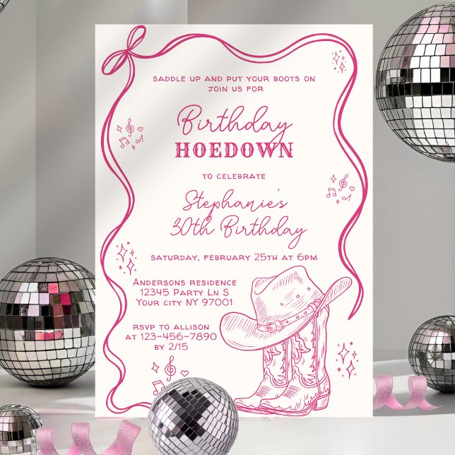 Convite Hand Drawn Pink Western Birthday Hoedown Party (Criador carregado)