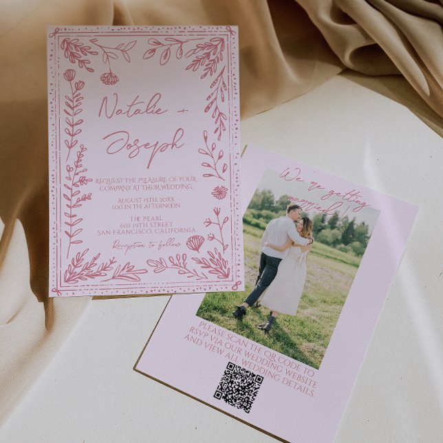 Convite Hand Drawn QR Code Floral Garden Photo Wedding (Criador carregado)