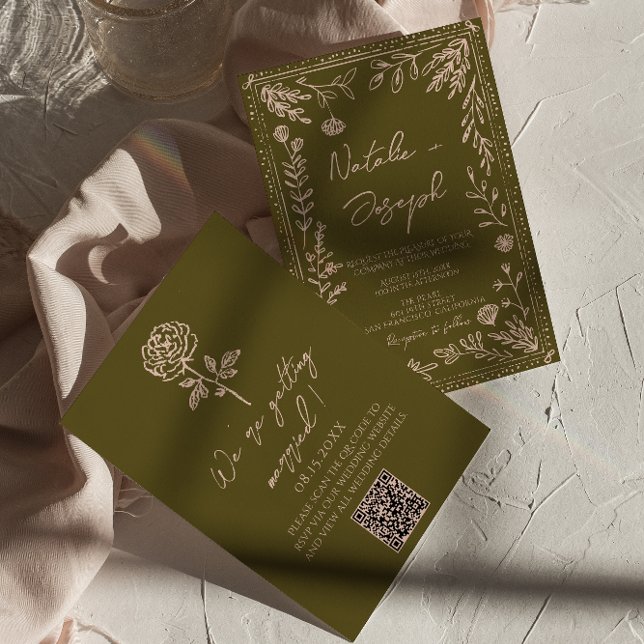 Convite Hand Drawn QR Code Grasslands Floral Wedding (Criador carregado)