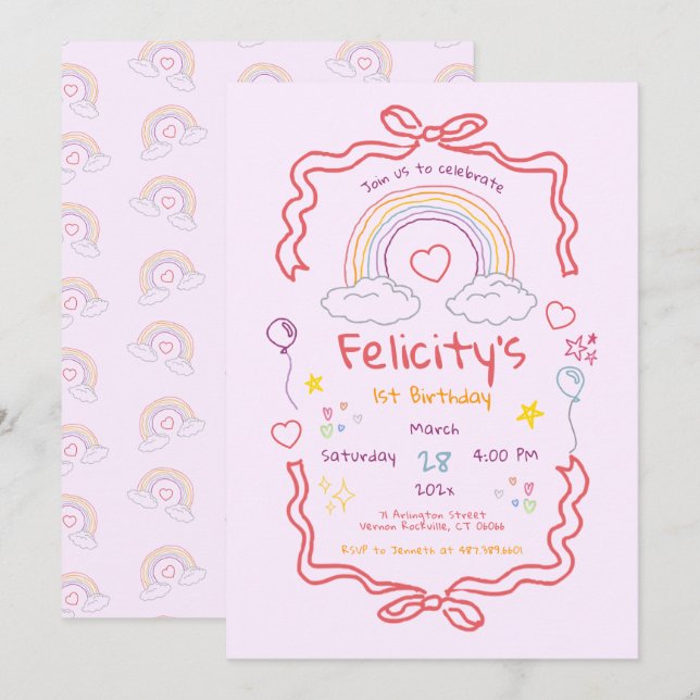 Convite Hand Drawn Rainbow Whimsical Birthday (Frente/Verso)