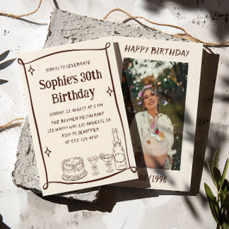 Convite Hand Drawn Red & Cream 30TH Birthday Photo 