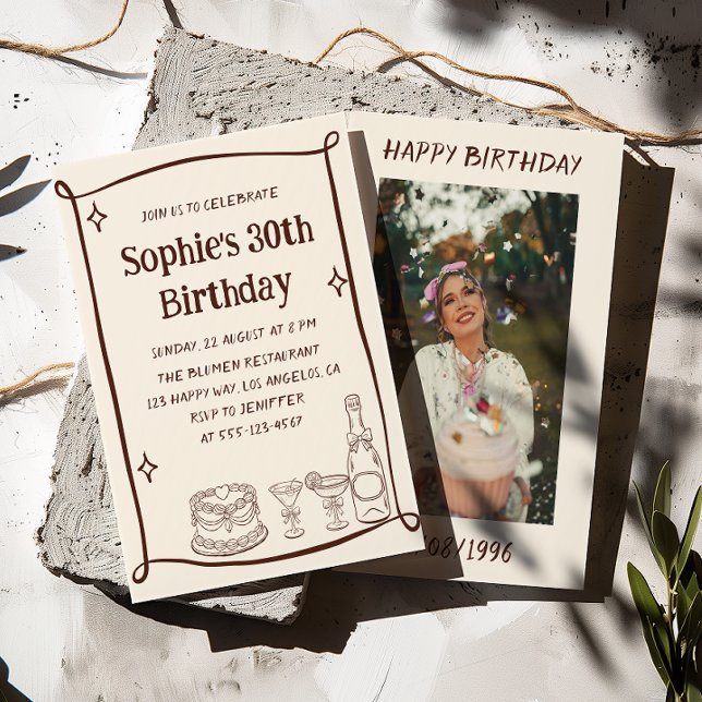 Convite Hand Drawn Red & Cream 30TH Birthday Photo  (Criador carregado)