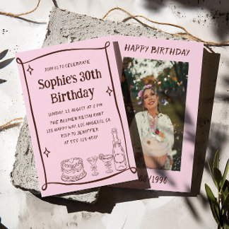 Convite Hand Drawn Red & Pink 30TH Birthday Photo 