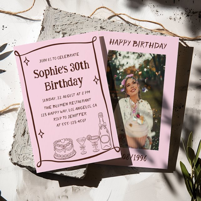 Convite Hand Drawn Red & Pink 30TH Birthday Photo  (Criador carregado)