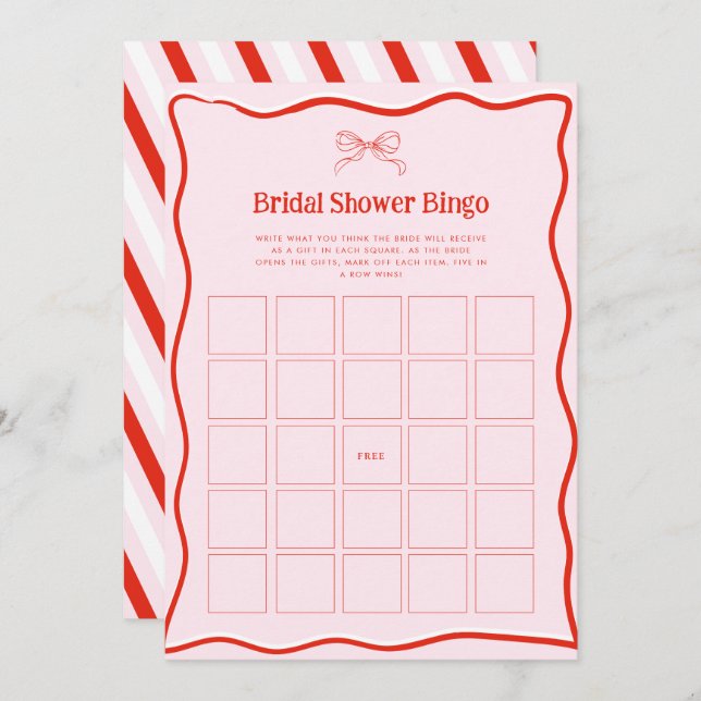 Convite Hand Drawn Red Pink Bow Bridal Shower Bingo Game (Frente/Verso)