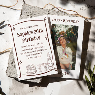 Convite Hand Drawn Red & White 30TH Birthday Photo 