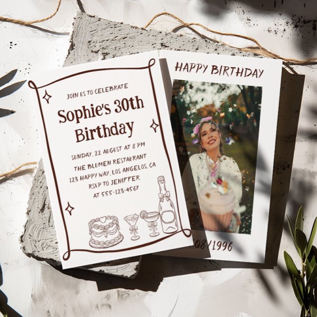 Convite Hand Drawn Red & White 30TH Birthday Photo  (Criador carregado)