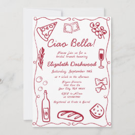 Convite Hand Drawn Retro Red Italian Casual Bridal Brunch