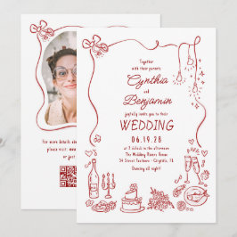 Convite Hand Drawn Retro Whimsical Burgundy Wedding Photo