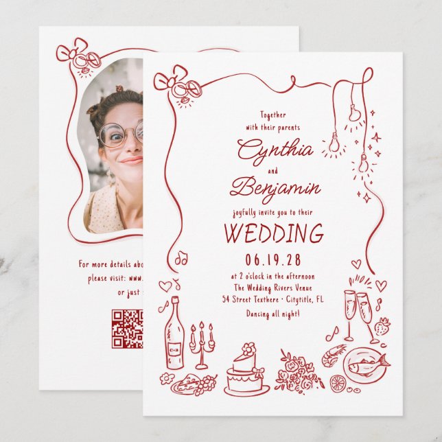 Convite Hand Drawn Retro Whimsical Burgundy Wedding Photo (Frente/Verso)
