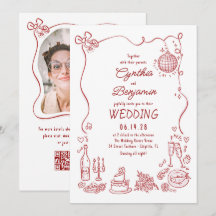Hand Drawn Retro Whimsical Burgundy Wedding Photo