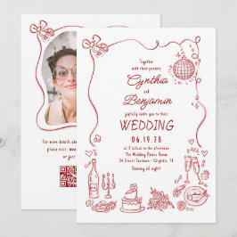 Convite Hand Drawn Retro Whimsical Burgundy Wedding Photo