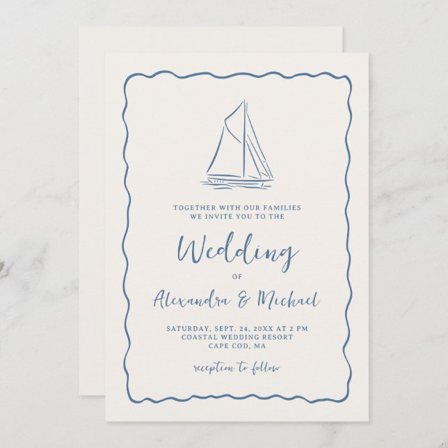 Convite Hand Drawn Sailboat Blue Ivory Nautical Wedding (Frente/Verso)