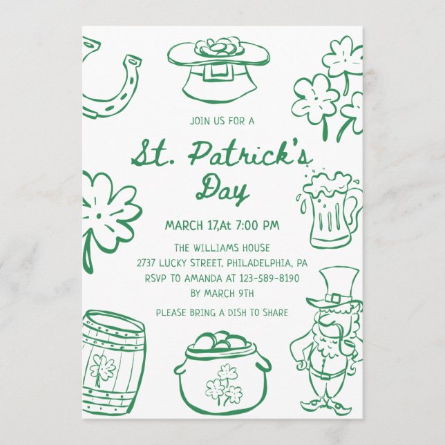 Convite Hand Drawn Scribble Doodles St Patrick's Day Invit (Frente)