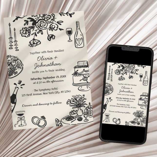 Convite Hand Drawn Scribbles/Doodles Wedding Invitation (Criador carregado)