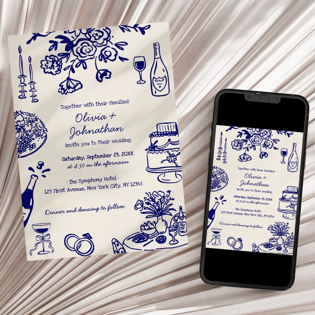 Convite Hand Drawn Scribbles/Doodles Wedding Invitation (Criador carregado)