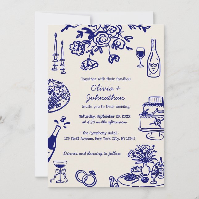 Convite Hand Drawn Scribbles/Doodles Wedding Invitation (Frente)