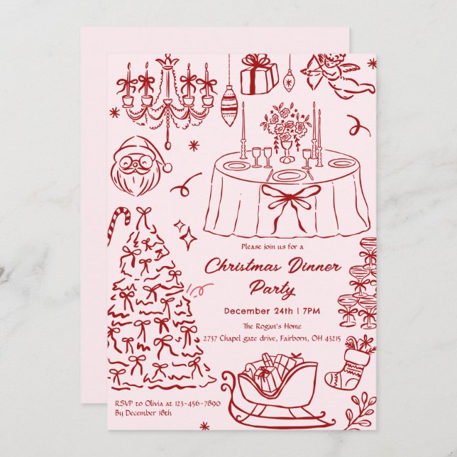 Convite Hand Drawn Squiggle Doodles Christmas Party Invita (Frente/Verso)