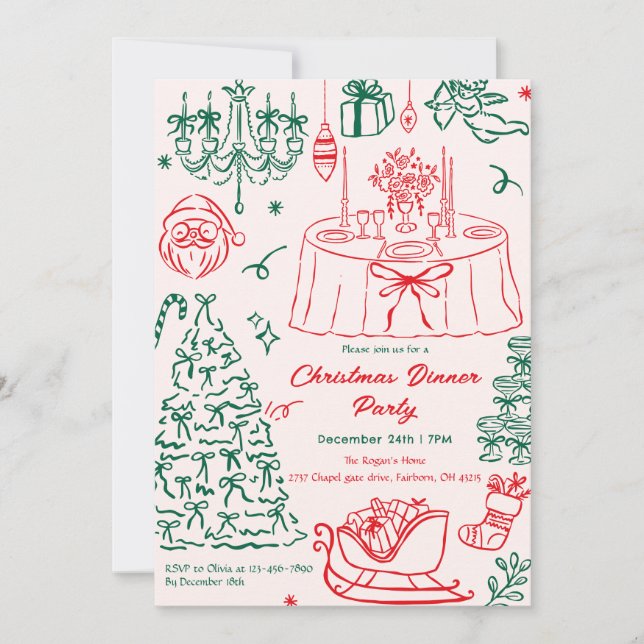 Convite Hand Drawn Squiggle Doodles Christmas Party Invita (Frente)