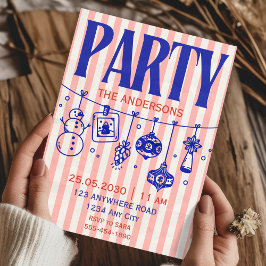 Convite Hand Drawn striped blue pink christmas party