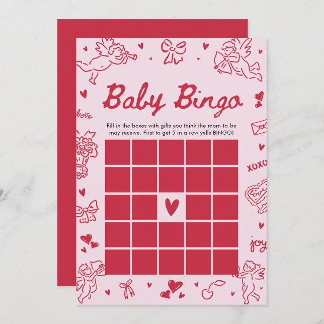 Convite Hand Drawn Valentine Baby Bingo Baby Shower Game (Frente/Verso)