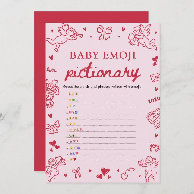 Convite Hand Drawn Valentine Baby Emoji Pictionary Game (Frente/Verso)