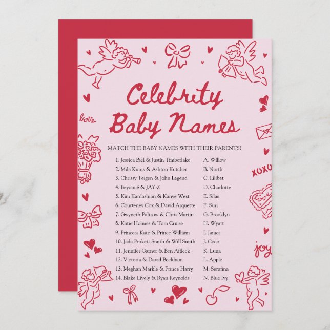 Convite Hand Drawn Valentine Celebrity Baby Name Game (Frente/Verso)